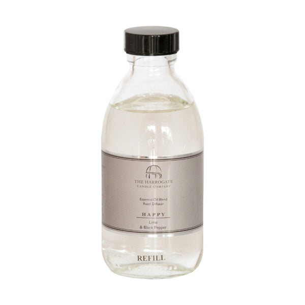 Happy Lime & Black Pepper Essential Oil Blend Reed Diffuser Refill 200ml by the Harrogate Candle Company.